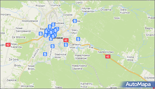 mapa Pomyków gmina Końskie, Pomyków gmina Końskie na mapie Targeo