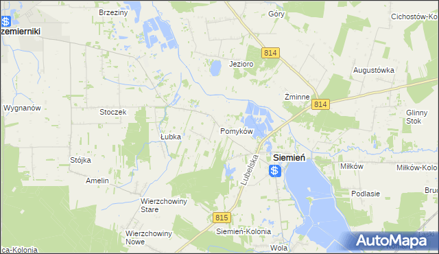 mapa Pomyków gmina Siemień, Pomyków gmina Siemień na mapie Targeo