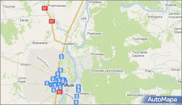 mapa Ponikiew gmina Pułtusk, Ponikiew gmina Pułtusk na mapie Targeo