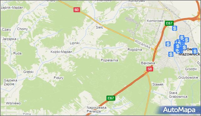 mapa Popielarnia gmina Ostrów Mazowiecka, Popielarnia gmina Ostrów Mazowiecka na mapie Targeo