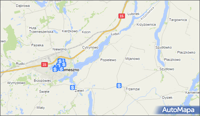 mapa Popielewo gmina Trzemeszno, Popielewo gmina Trzemeszno na mapie Targeo