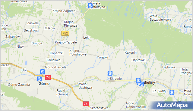 mapa Porąbki gmina Bieliny, Porąbki gmina Bieliny na mapie Targeo