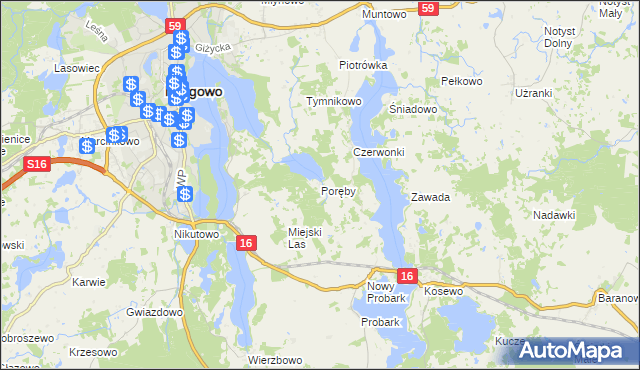 mapa Poręby gmina Mrągowo, Poręby gmina Mrągowo na mapie Targeo