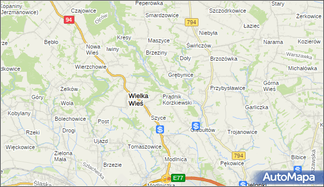 mapa Prądnik Korzkiewski, Prądnik Korzkiewski na mapie Targeo