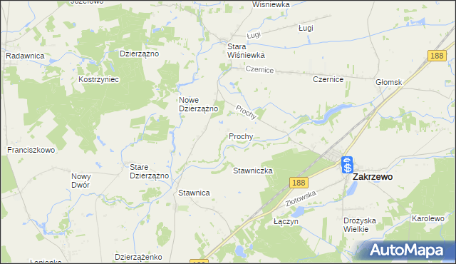 mapa Prochy gmina Zakrzewo, Prochy gmina Zakrzewo na mapie Targeo
