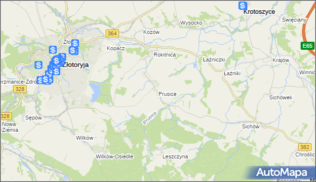 mapa Prusice gmina Złotoryja, Prusice gmina Złotoryja na mapie Targeo