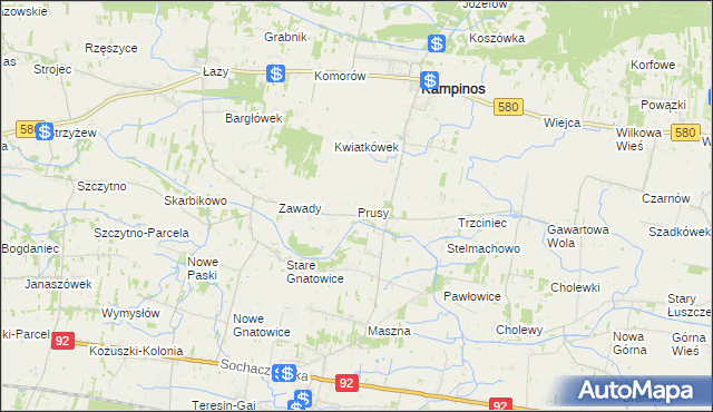 mapa Prusy gmina Kampinos, Prusy gmina Kampinos na mapie Targeo