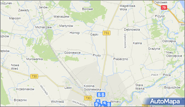 mapa Prusy gmina Warka, Prusy gmina Warka na mapie Targeo