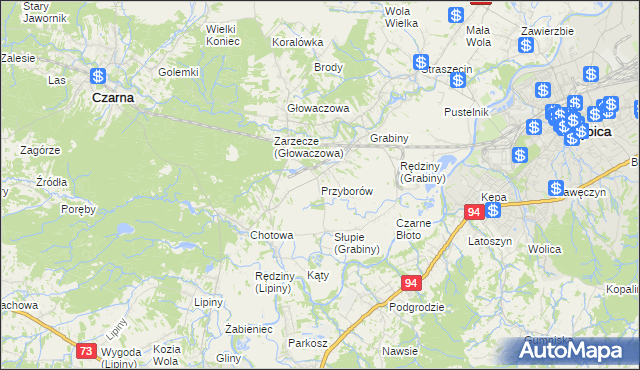 mapa Przyborów gmina Czarna, Przyborów gmina Czarna na mapie Targeo