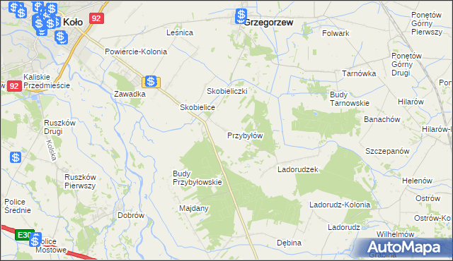 mapa Przybyłów gmina Koło, Przybyłów gmina Koło na mapie Targeo