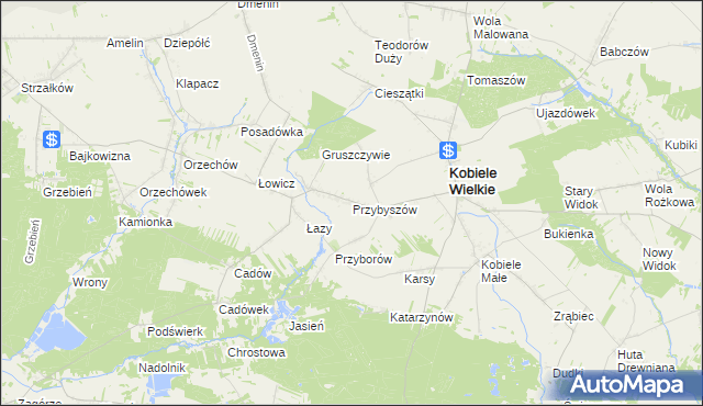 mapa Przybyszów gmina Kobiele Wielkie, Przybyszów gmina Kobiele Wielkie na mapie Targeo