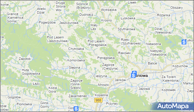 mapa Pstrągówka gmina Wiśniowa, Pstrągówka gmina Wiśniowa na mapie Targeo