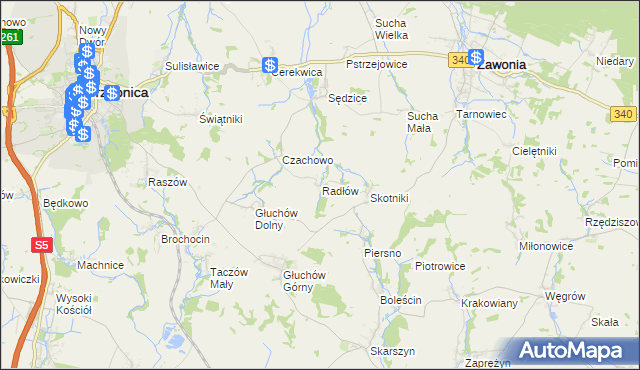 mapa Radłów gmina Zawonia, Radłów gmina Zawonia na mapie Targeo
