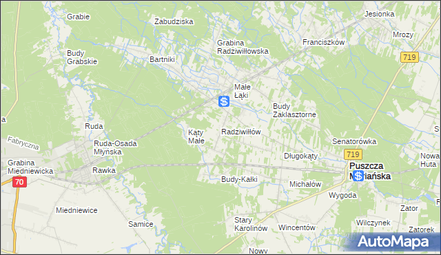 mapa Radziwiłłów gmina Puszcza Mariańska, Radziwiłłów gmina Puszcza Mariańska na mapie Targeo