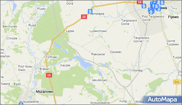 mapa Rakowice gmina Lubawa, Rakowice gmina Lubawa na mapie Targeo