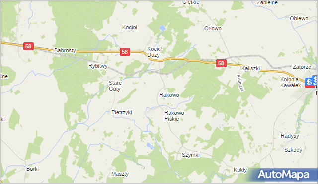 mapa Rakowo gmina Pisz, Rakowo gmina Pisz na mapie Targeo