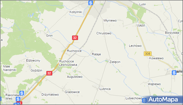 mapa Rataje gmina Rakoniewice, Rataje gmina Rakoniewice na mapie Targeo