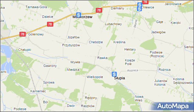 mapa Rawka gmina Słupia, Rawka gmina Słupia na mapie Targeo