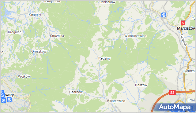 mapa Rędziny gmina Kamienna Góra, Rędziny gmina Kamienna Góra na mapie Targeo