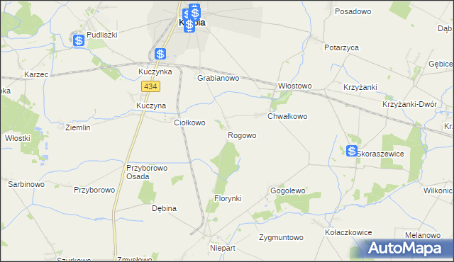 mapa Rogowo gmina Krobia, Rogowo gmina Krobia na mapie Targeo