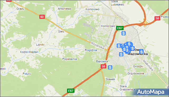 mapa Rogóźnia gmina Ostrów Mazowiecka, Rogóźnia gmina Ostrów Mazowiecka na mapie Targeo