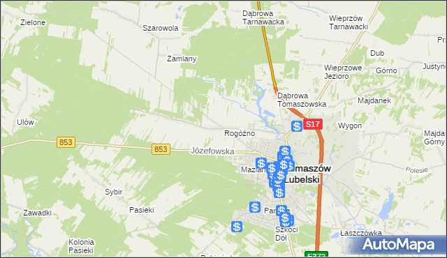 mapa Rogóźno gmina Tomaszów Lubelski, Rogóźno gmina Tomaszów Lubelski na mapie Targeo