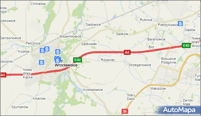 mapa Różaniec gmina Kąty Wrocławskie, Różaniec gmina Kąty Wrocławskie na mapie Targeo