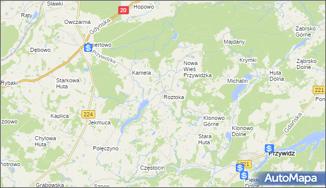 mapa Roztoka gmina Przywidz, Roztoka gmina Przywidz na mapie Targeo
