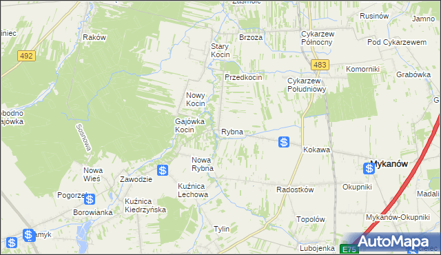 mapa Rybna gmina Mykanów, Rybna gmina Mykanów na mapie Targeo