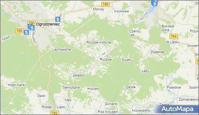 mapa Ryczów gmina Ogrodzieniec, Ryczów gmina Ogrodzieniec na mapie Targeo