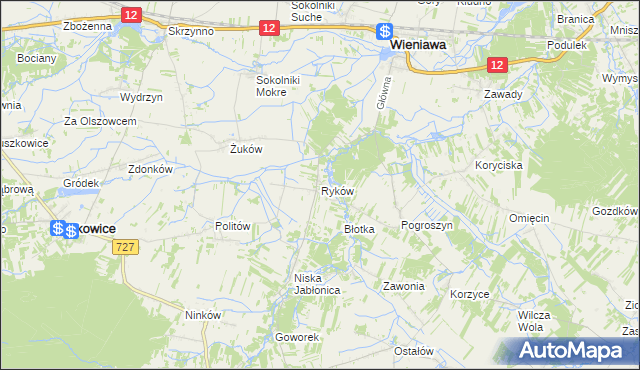 mapa Ryków gmina Wieniawa, Ryków gmina Wieniawa na mapie Targeo