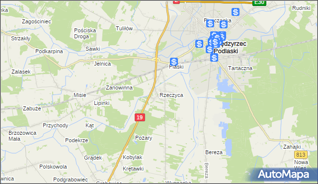 mapa Rzeczyca gmina Międzyrzec Podlaski, Rzeczyca gmina Międzyrzec Podlaski na mapie Targeo