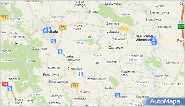 mapa Rzeplin gmina Skała, Rzeplin gmina Skała na mapie Targeo