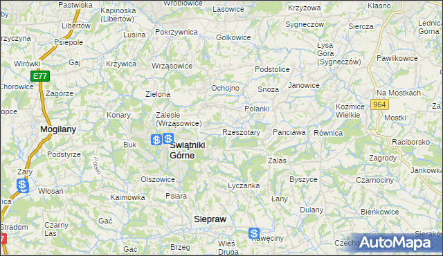 mapa Rzeszotary gmina Świątniki Górne, Rzeszotary gmina Świątniki Górne na mapie Targeo