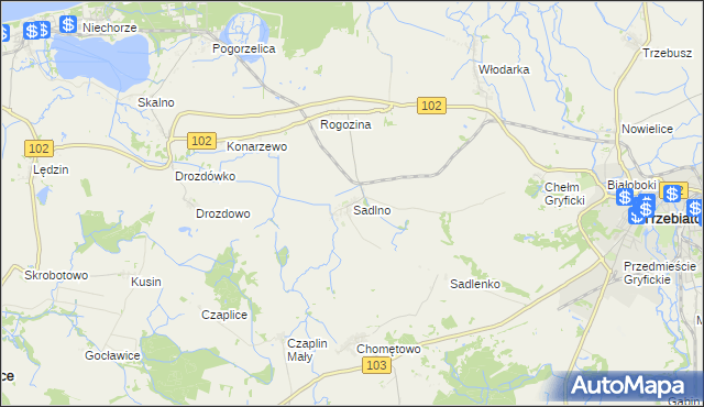 mapa Sadlno gmina Trzebiatów, Sadlno gmina Trzebiatów na mapie Targeo