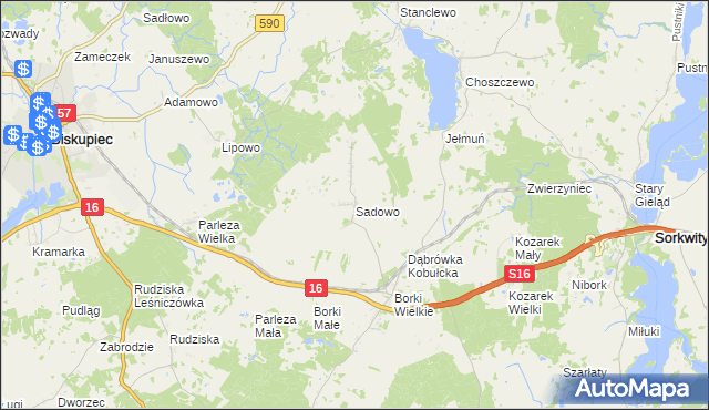 mapa Sadowo gmina Biskupiec, Sadowo gmina Biskupiec na mapie Targeo