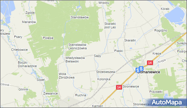mapa Sapy gmina Domaniewice, Sapy gmina Domaniewice na mapie Targeo