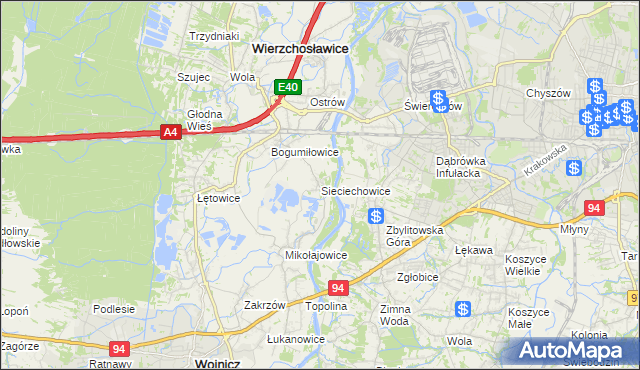 mapa Sieciechowice gmina Wierzchosławice, Sieciechowice gmina Wierzchosławice na mapie Targeo