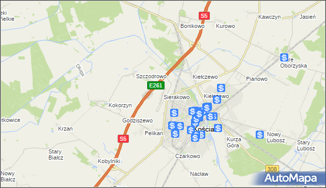 mapa Sierakowo gmina Kościan, Sierakowo gmina Kościan na mapie Targeo