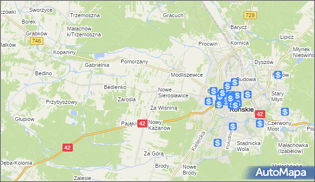 mapa Sierosławice gmina Końskie, Sierosławice gmina Końskie na mapie Targeo