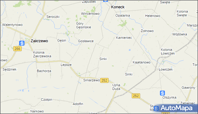 mapa Sinki gmina Zakrzewo, Sinki gmina Zakrzewo na mapie Targeo