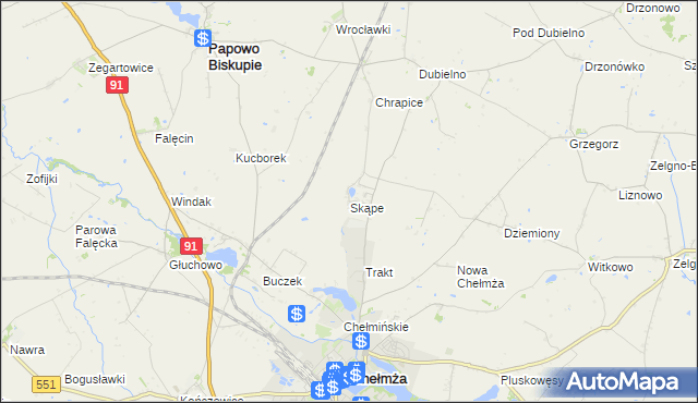 mapa Skąpe gmina Chełmża, Skąpe gmina Chełmża na mapie Targeo