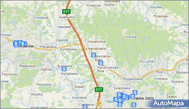 mapa Skomielna Biała, Skomielna Biała na mapie Targeo