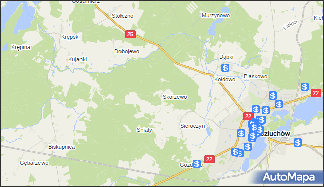 mapa Skórzewo gmina Człuchów, Skórzewo gmina Człuchów na mapie Targeo