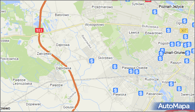 mapa Skórzewo gmina Dopiewo, Skórzewo gmina Dopiewo na mapie Targeo