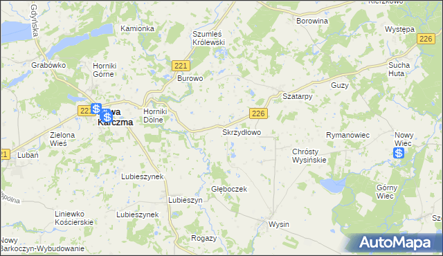 mapa Skrzydłowo gmina Nowa Karczma, Skrzydłowo gmina Nowa Karczma na mapie Targeo