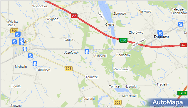 mapa Skrzynki gmina Stęszew, Skrzynki gmina Stęszew na mapie Targeo