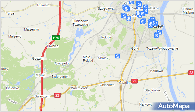 mapa Śliwiny gmina Tczew, Śliwiny gmina Tczew na mapie Targeo