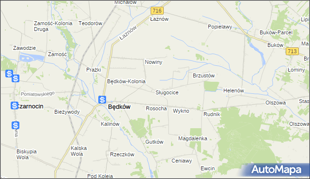 mapa Sługocice gmina Będków, Sługocice gmina Będków na mapie Targeo