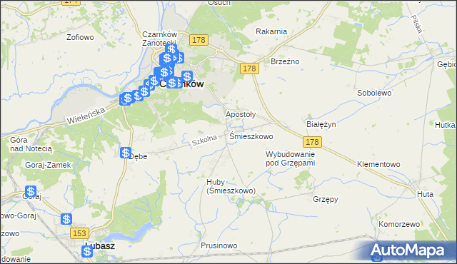 mapa Śmieszkowo gmina Czarnków, Śmieszkowo gmina Czarnków na mapie Targeo